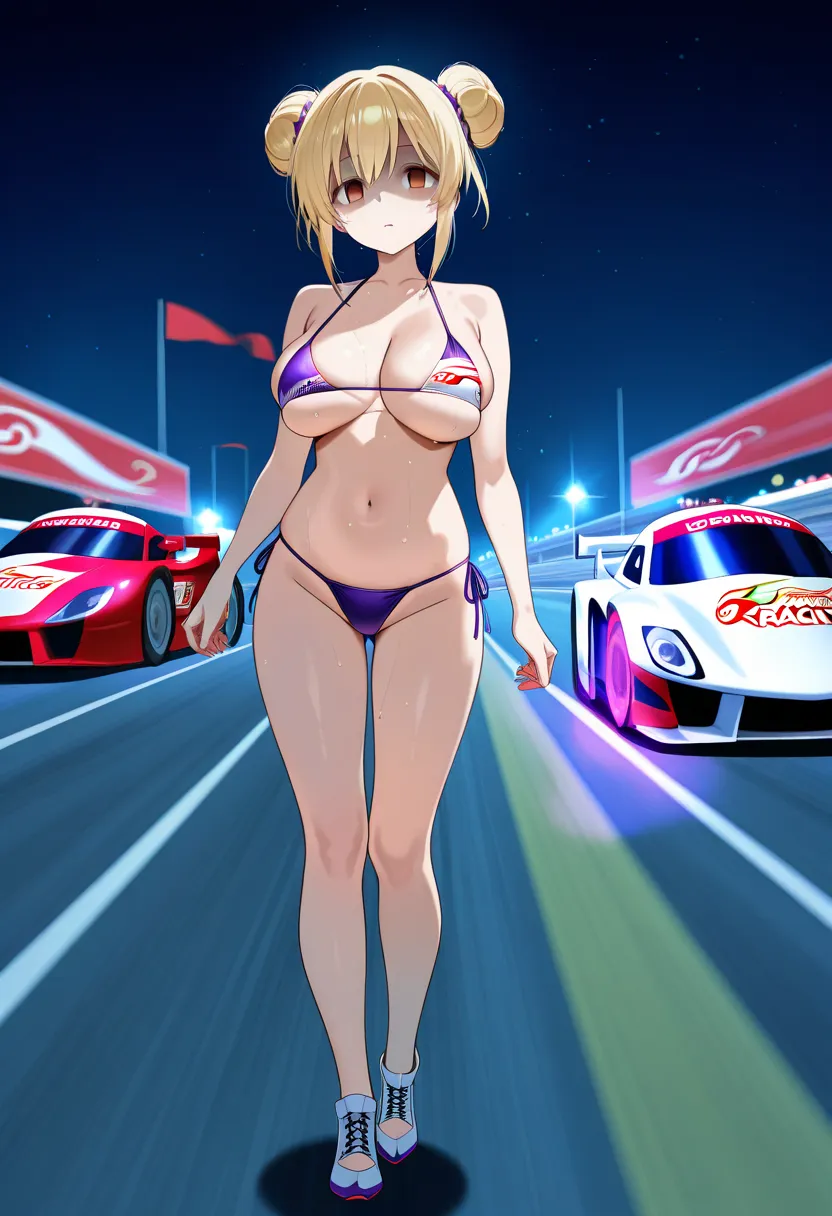 (Night Racing on a Rainy Highway:1.5) ,yomogidasumire (Girl friend beta) large breasts, BLONDE eyes, double bun, blonde hair, hair bun, short hair, empty eyes. micro bikini for puffy, empty eyes, , full body