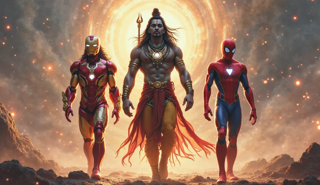 full frame picture, lord shiva walking with iron man and spider man