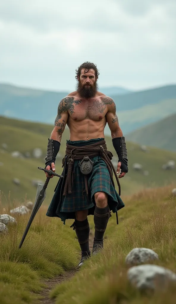 "A Highland warrior striding through a grassy battlefield, his kilt flaring slightly in the wind. His muscular arms swing naturally as he grips a heavy claymore sword, bare chest covered in war paint. The battlefield is rugged, with hills and scattered sto...