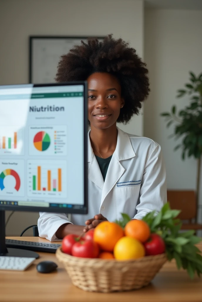 A black young female who is a dietitian and Data analyst. She's sitting behind her big desktop screen with a fruits basket on her table . On her desktop screen are graphs and charts on with a topic Nutrition boldly written on it.