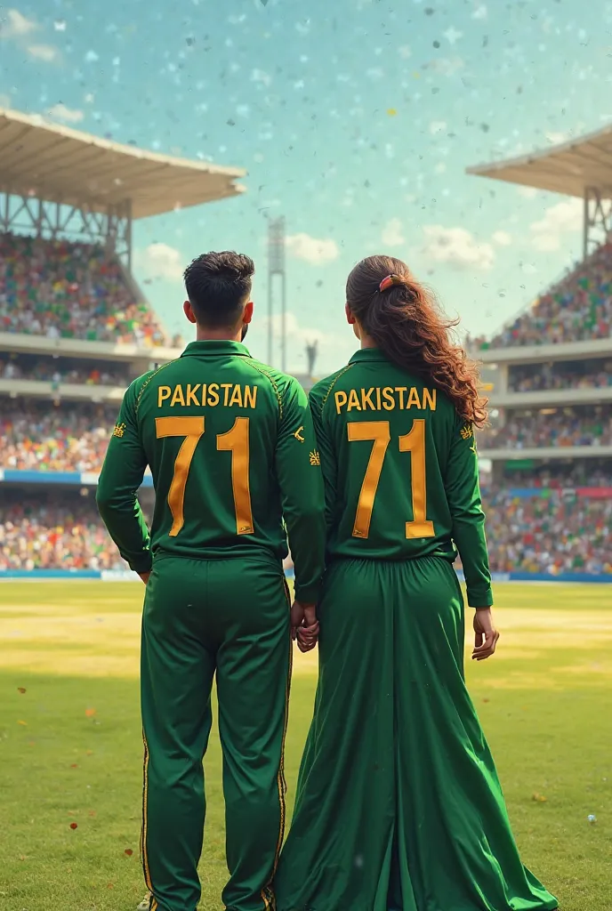 A couple wearing Pakistani cricket kit with number 71 written on their back of the shirt 