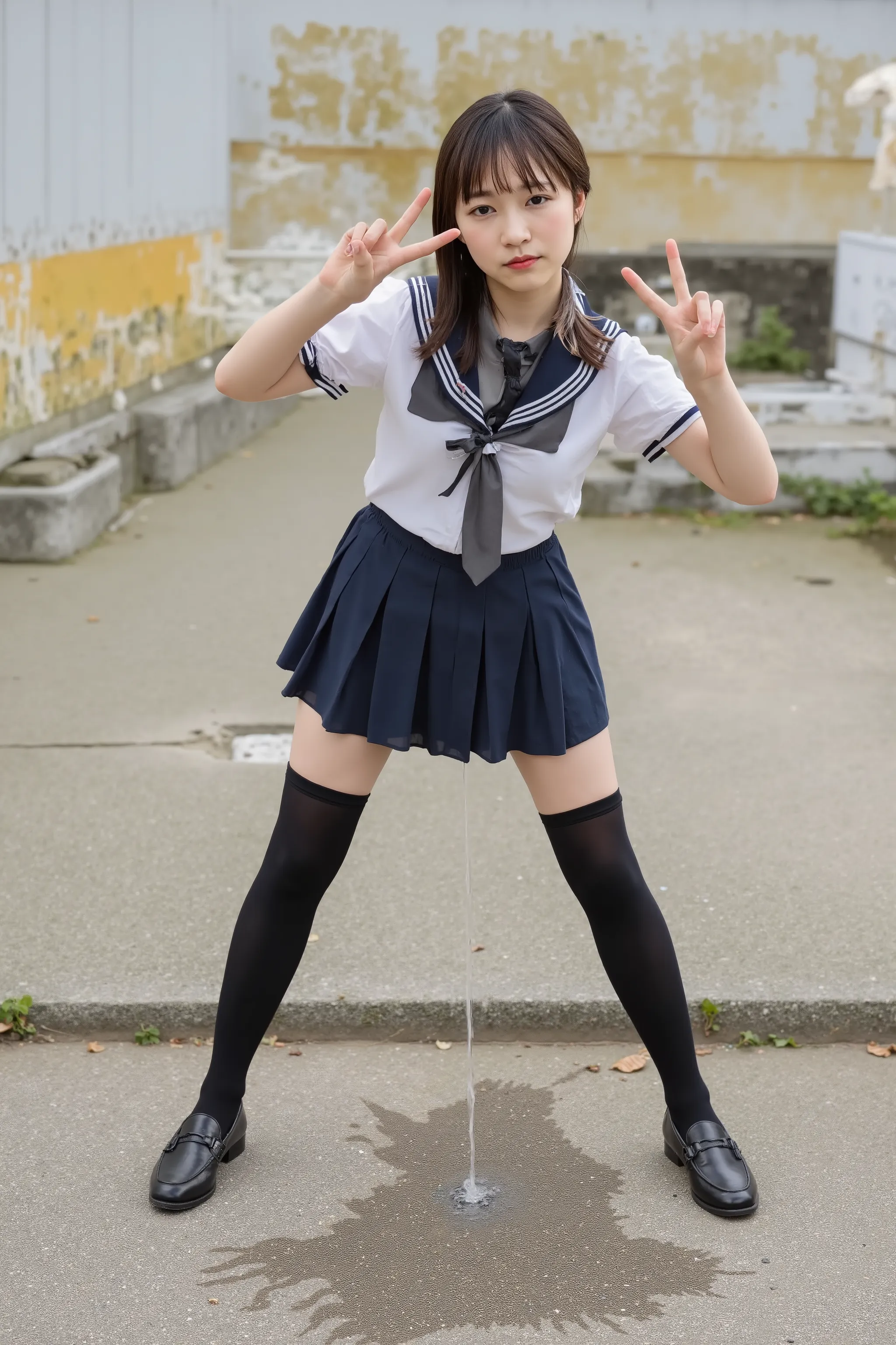 A high resolution photograph of a Japanese young woman, fashion shoot, full body, face focus, black hair with bangs, snow-like skin, fine-textured skin, (school uniform, black thighhighs, loafers), (peeing self while standing leaning forward with spread le...