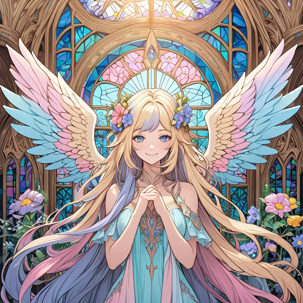 pastel color, Delicate painting, [Playing with the tides, Luxray, split color hair, wind, 舞い落ちるflowerびら, Stained Glass Rhinoceros, For decoration, intricate details, Dukhkova, 2D,  line art , random colored hair, Super long hair, perfect face, beautiful Ex...