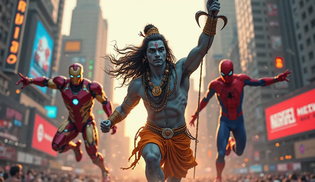 full frame picture, lord shiva with trishul flying with iron man and spider man in the city street