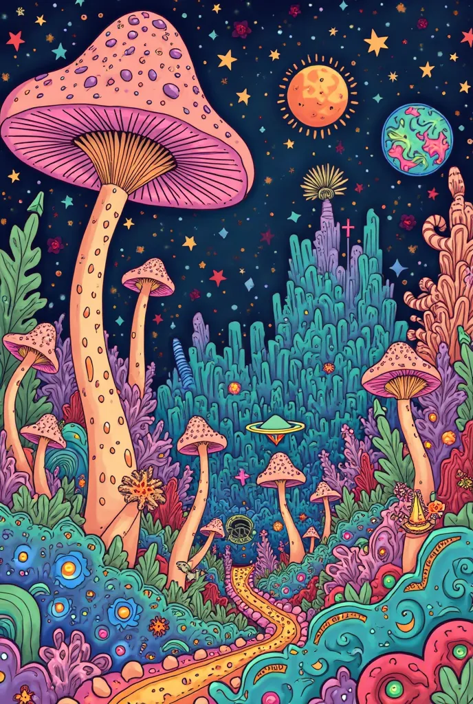 Trippy & Groovy: Psychedelic Coloring Book for Adults & Women with 30 Mushrooms, Aliens, Magic Worlds & Optical Illusion Funny Designs, Stress relief 