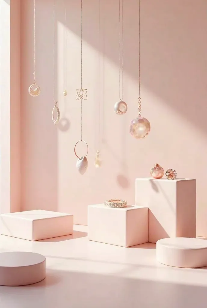 "Soft pastel color palette, modern minimalist design, floating jewelry displays, rose gold accents, matte finishes, diffused lighting, 3D rendering, ultra-high detail, 8k resolution."  