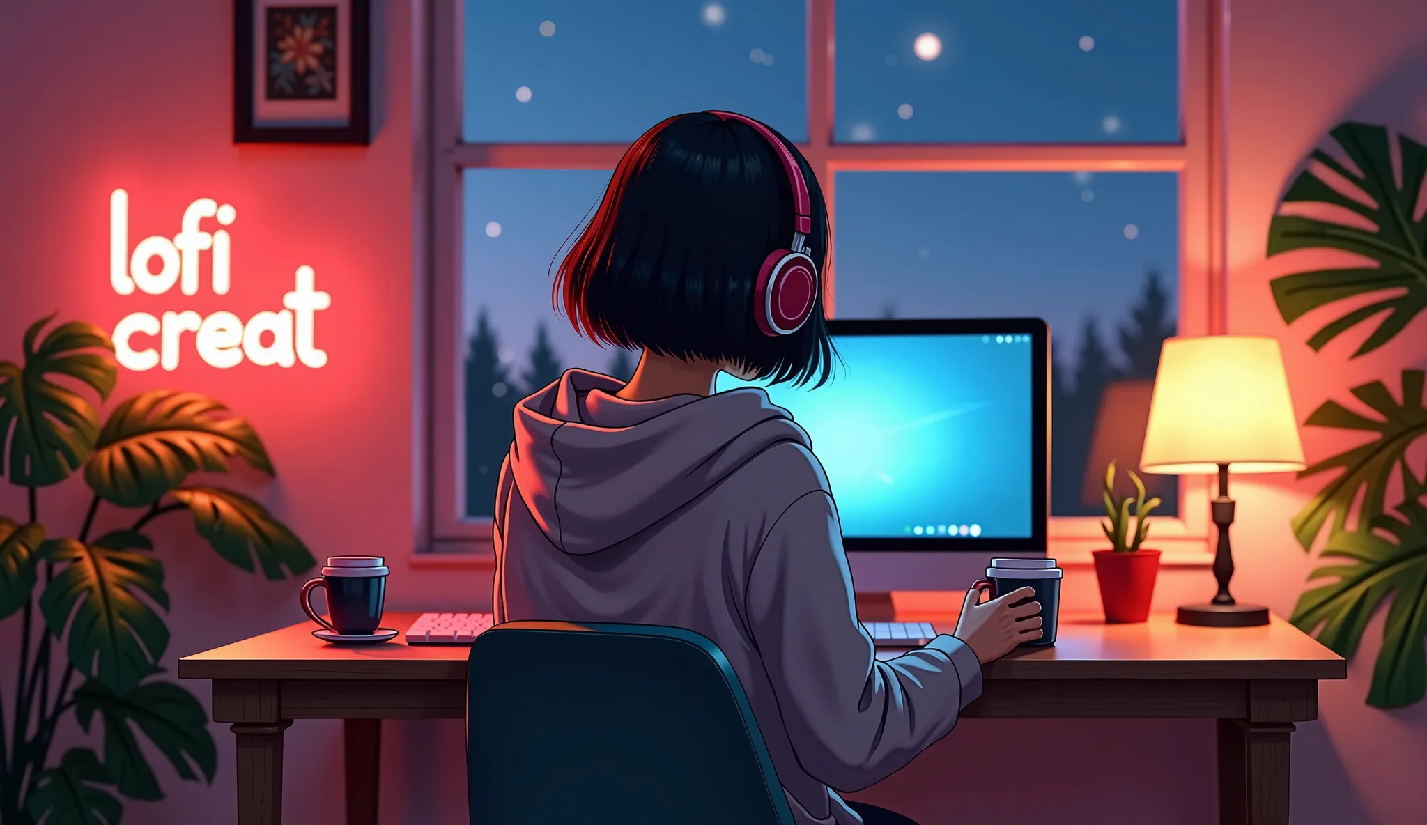 A Japanese girl with a bob haircut, seen from behind, wearing a cozy hoodie, listening to jazz on headphones while holding a coffee cup in one hand. She is sitting at a stylish desk, working on her computer in a warmly lit room. The neon words 'lofi creat'...