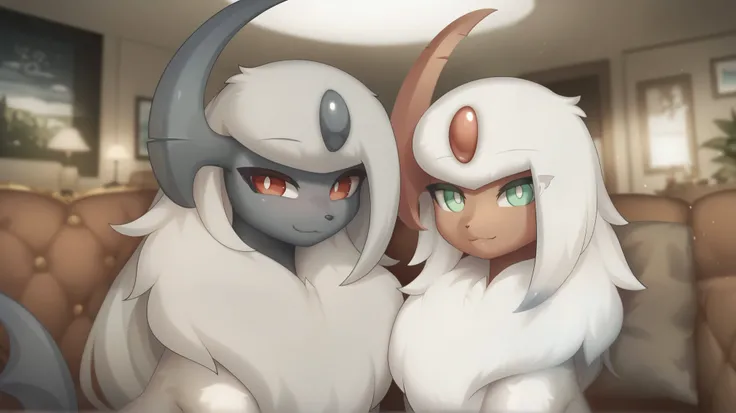 (high quality, high resolution), casal entre dois Absols, dois Absols, Absol shiny(| light green eyes , light red facial skin, light red claws, white pupils, Light red horns, through the white, large stripe, a lot of hair on her chest|), Absol(| red eye...