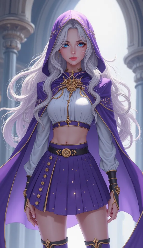 female character ophiuchus, realistic style fantasy illustration. using royal uniform Academy in white, with short purple robe, hooded robe/ hoodie, purple knee-length skirt, with star and galaxy motif. wavy long hair, silver colored hair, sharp large eyes...