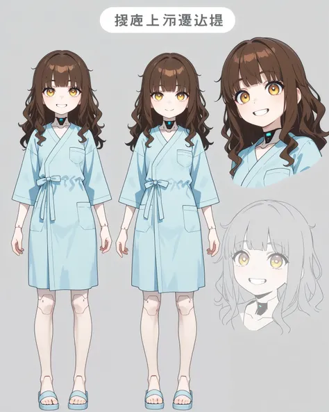 1girl, cute,kawaii, yellow eye, big eye,beautiful,upturned eyes, pale skin, cyborg style, cyborg, android, wavy hair, bangs, brown hair, ( long hair), (hospital gown) ,small breast,happy expression,grin\), background\ ((standing))\),,close-up girl,dynamic ...