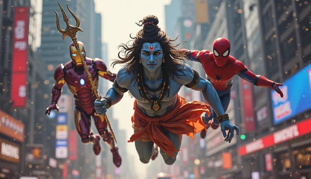 full frame picture, lord shiva with trishul flying with iron man and spider man in the city street