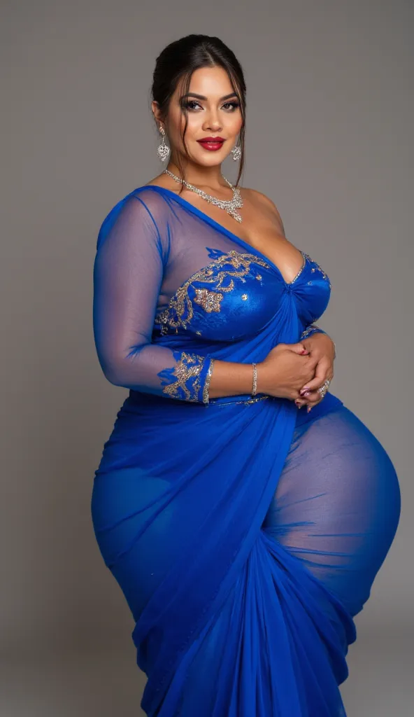 50 year old indian woman in blue transparent Saree with big huge  and huge Ass, wearing indian jewellery and make up,dark red lips, high heels,side pose of woman only, realistic image,