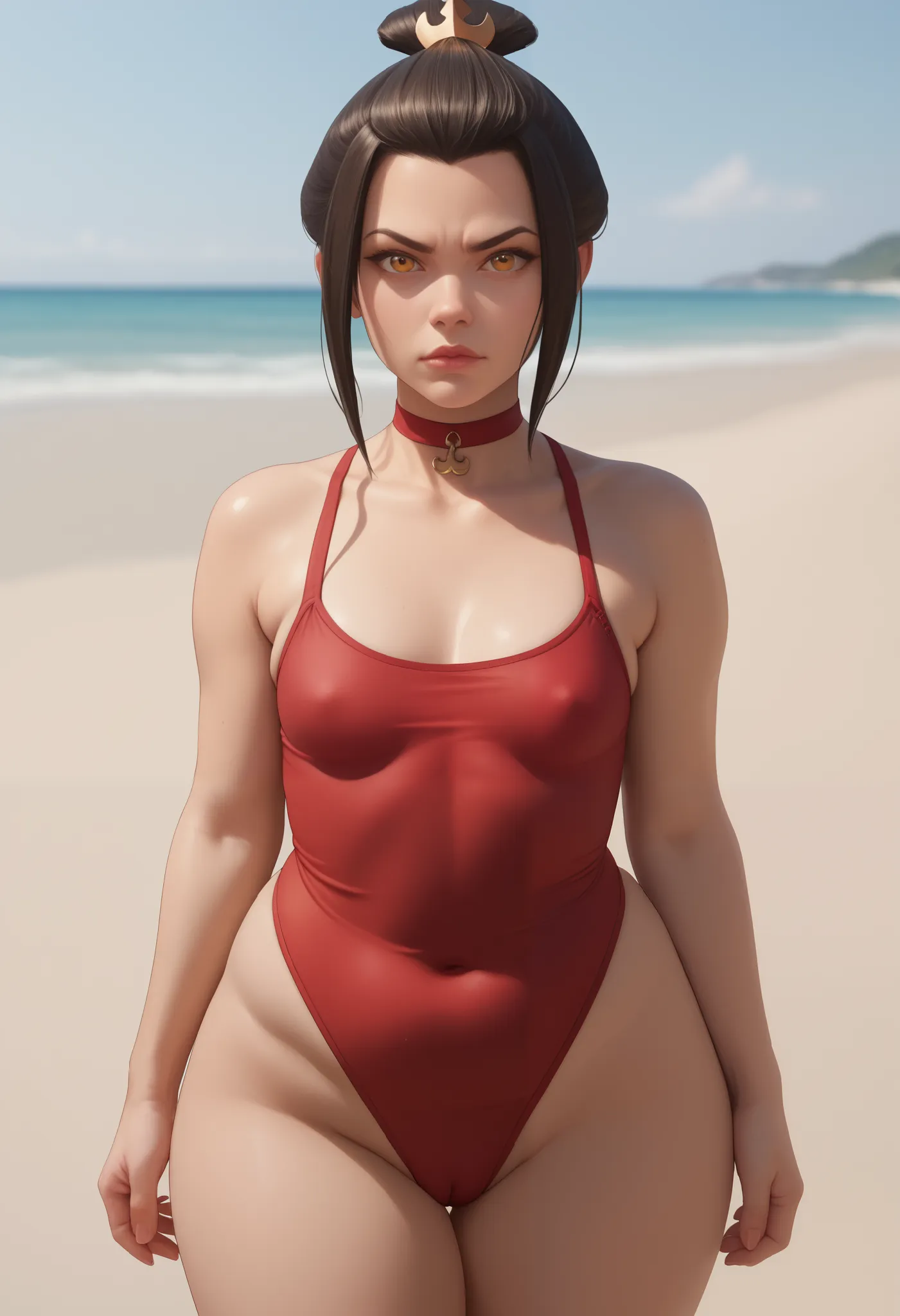 Azula, amber eyes. wavy dark brown hair strands above her shoulders. small breasts. huge hips. chubby. | choker. one-piece swimsuit. beach.
