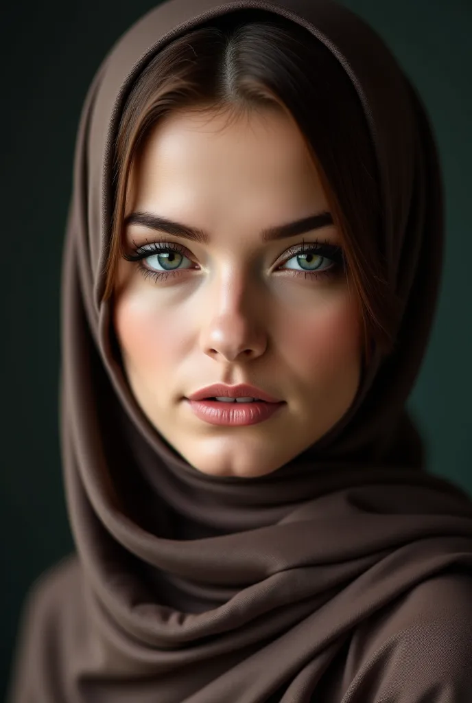 A chestnut brown -haired Russian woman looking at the camera hijab sexy wearing