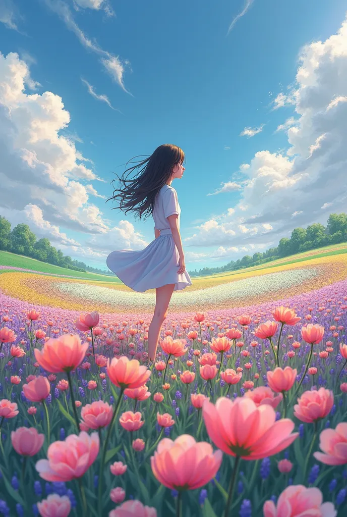  4k wallpaper flower field with girl standing in the middle of flower field 