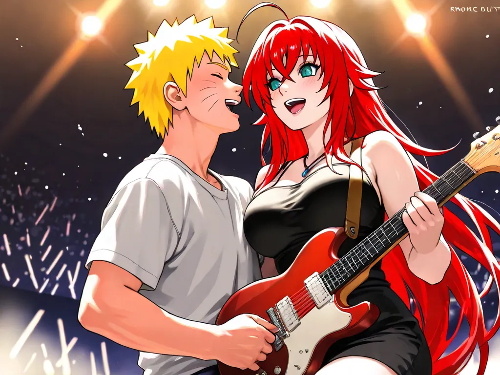 absurd resolution)), masterpiece, best quality, (Extremely detailed 8k unity CG wallpaper), (best illustration), (best shade), high resolution image, masterpiece, best quality , amazing quality, Naruto Uzumaki , Rias Gremory , Singing Together  , concert ,...