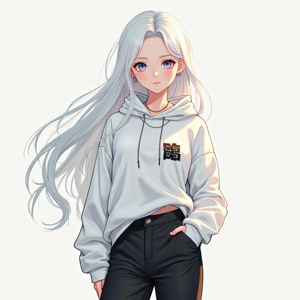 Anime style young K-pop idol with fair porcelain skin and long, flowing white hair that cascades down her back, creating a soft and ethereal look. Her eyes are a deep, captivating shade, slightly almond-shaped, enhancing her striking and otherworldly appea...