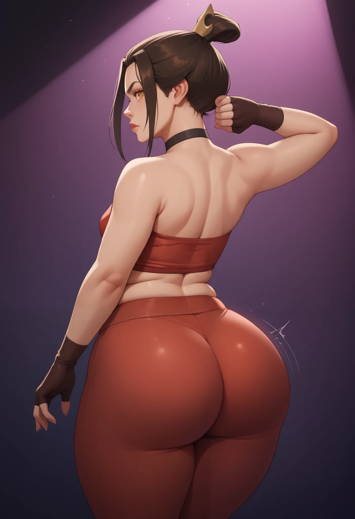 Azula, amber eyes. wavy dark brown hair strands above her shoulders. small breasts. huge hips. chubby. | choker., hips, back, dancing, nightclub, leggings, fingerless gloves, choker, twerking, cowboy shot.