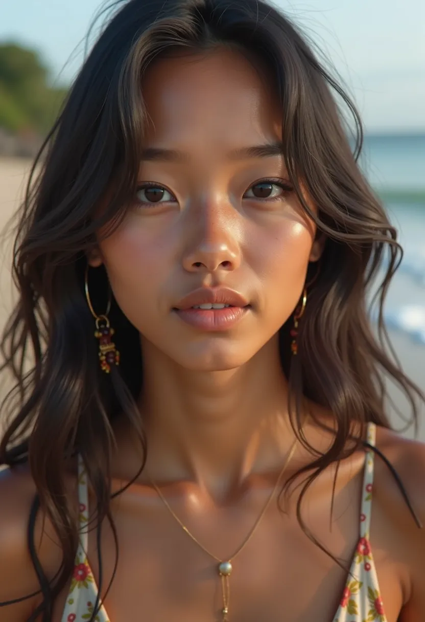 portrait photo, (front-facing headshot:1.5), (1girl:1.2), (18-year-old Indonesian girl:1.5), (Balinese island ethnicity:1.6), (authentic Southeast Asian facial features:1.6), (realistic golden brown tan skin:1.5), (deep-set almond-shaped dark brown eyes:1....