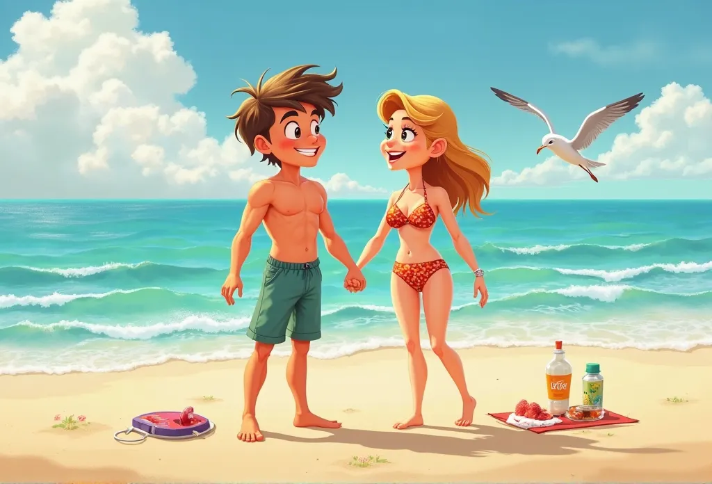 Young shirtless boy and adult woman in bikini on the beach. Disney drawing style 