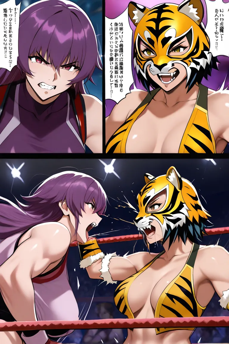 female wrestlers, lesbian battle, wrestling battle, Tiger Mask vs. the scary villain wrestler, Tiger Mask is defeated, the scary villain wrestler bites Tiger Mask, bites Tiger Mask to shreds, rips Tiger Mask apart with his mouth, domination, bites off mask...