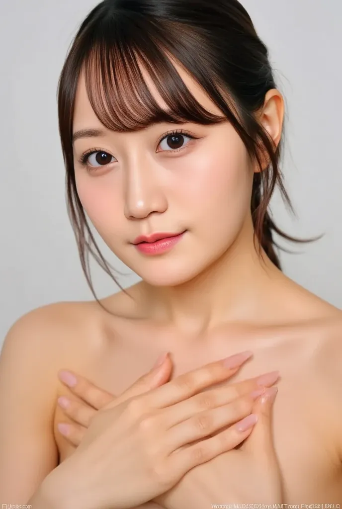 young Japanese woman hiding her chest with both hands, realistic, photo-realistic, best quality, masterpiece, 8k, RAW photo, very well detailed, intricate details, sharp concentration, professional lighting, alone, ( Bust), joyful expression, camera, (  co...