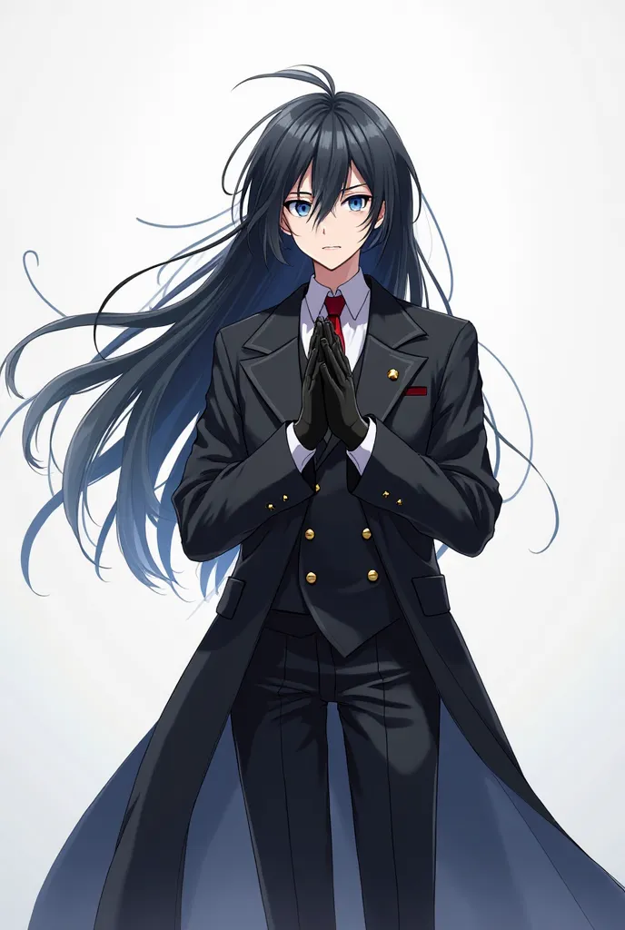  Anime Young Tween boy with stoic frown And Blue Eyes, With VERY Long Flowing Black Hair wearing a Baggy Long Sleeved Double Breasted Black Suit and Dark Red Tie with White Dress Shirt. Wearing Long Black Leather gloves Levitating While Praying. in an Empt...