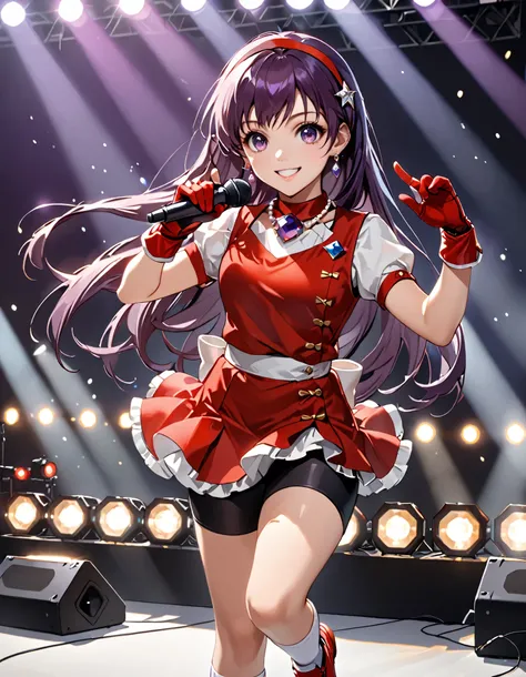 masterpiece, best quality, high res, highly detailed, 8k, 1girl, solo, solo focus, asamiya athena, purple eyes, purple hair, long hair, red hairband, earrings, red vest, red skirt, bike shorts, gloves, red gloves, fingerless gloves, white socks, red shoes,...