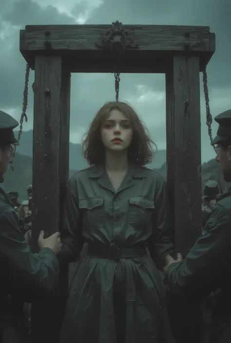 (Eastern European mountainous region in the early 20th century、A partisan girl who had been arrested is executed)、(((Public execution as a show、beautiful death row prisoner pinched by a guillotine stand outside in a cloudy sky、wearing a dirty gray prisoner...