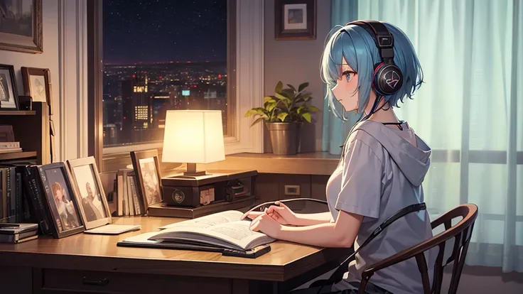 
Light blue haired girl with headphones listening to music in her room at night, lo-fi style