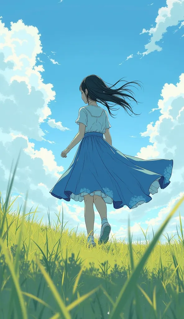 Back view of a high school girl wearing a blue dress running through the prairie on a sunny day,  there is blue sky , Very low angle picture, the anime girl is running、low angle shot,  backlit、