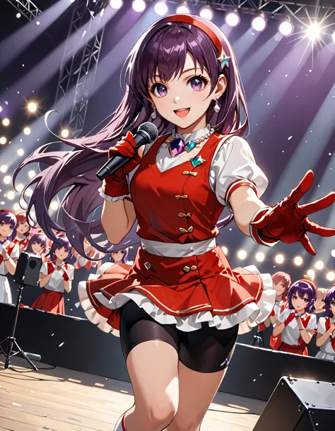 masterpiece, best quality, high res, highly detailed, 8k, 1girl, solo, solo focus, asamiya athena, purple eyes, purple hair, long hair, red hairband, earrings, red vest, red skirt, bike shorts, gloves, red gloves, fingerless gloves, white socks, red shoes,...
