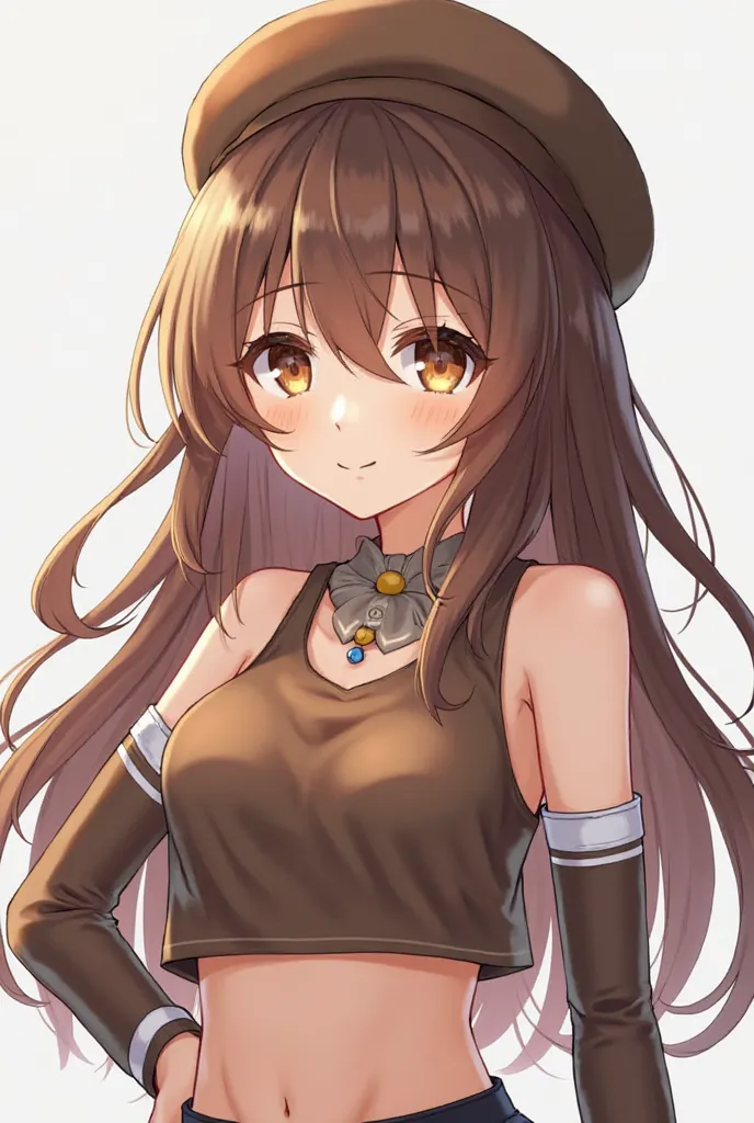 Generate me a drawing of a digital art of an anime girl with long brown hair, brown eyes, brown belt beret cap with a brown crop top and a brown arm warmer with a beret cap yk cap and small chest