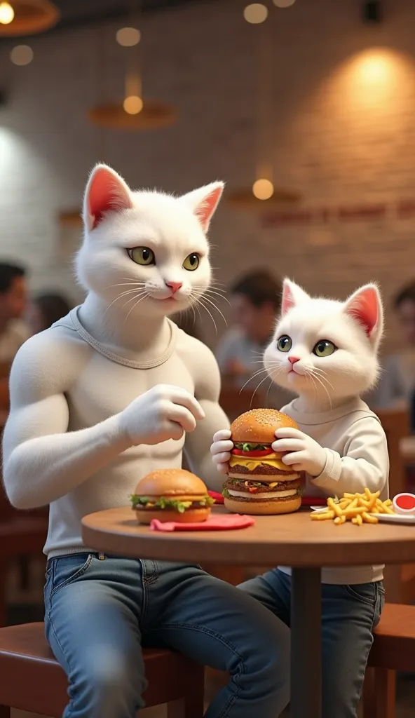 This image features two white anthropomorphic cats enjoying a meal in a modern-style restaurant. The larger cat has a muscular body,  wearing a white t-shirt and jeans , while holding the burger with a calm and satisfied expression. Opposite, the smaller c...