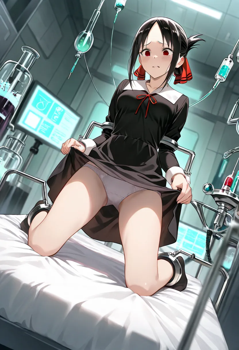 High quality, highest quality, Kaguya-sama wants to be confessed, Shinomiya Kaguya, scornful expression, disgusted expression, dynamic angle, powerful, laboratory, injection, restraint, restrained to bed