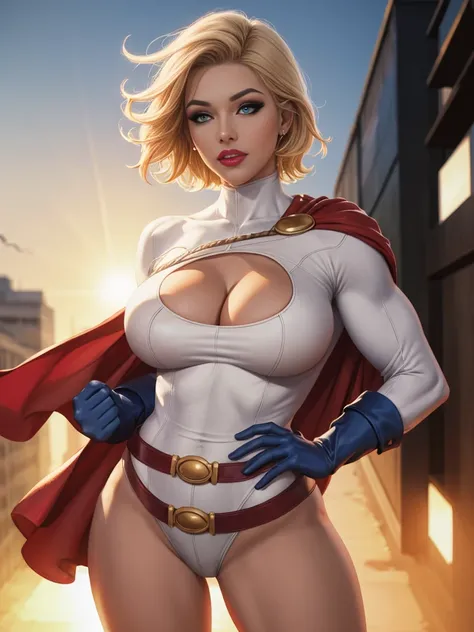 straight-on,pose,looking at viewer,solo, BREAK, 
CARTOON_DC_powergirl_ownwaifu, www.ownwaifu.com, 
breasts, blonde hair, blue eyes, large breasts, short hair, lips, thighs, makeup, lipstick, muscular, muscular female, thick thighs, huge breasts, red lips, ...