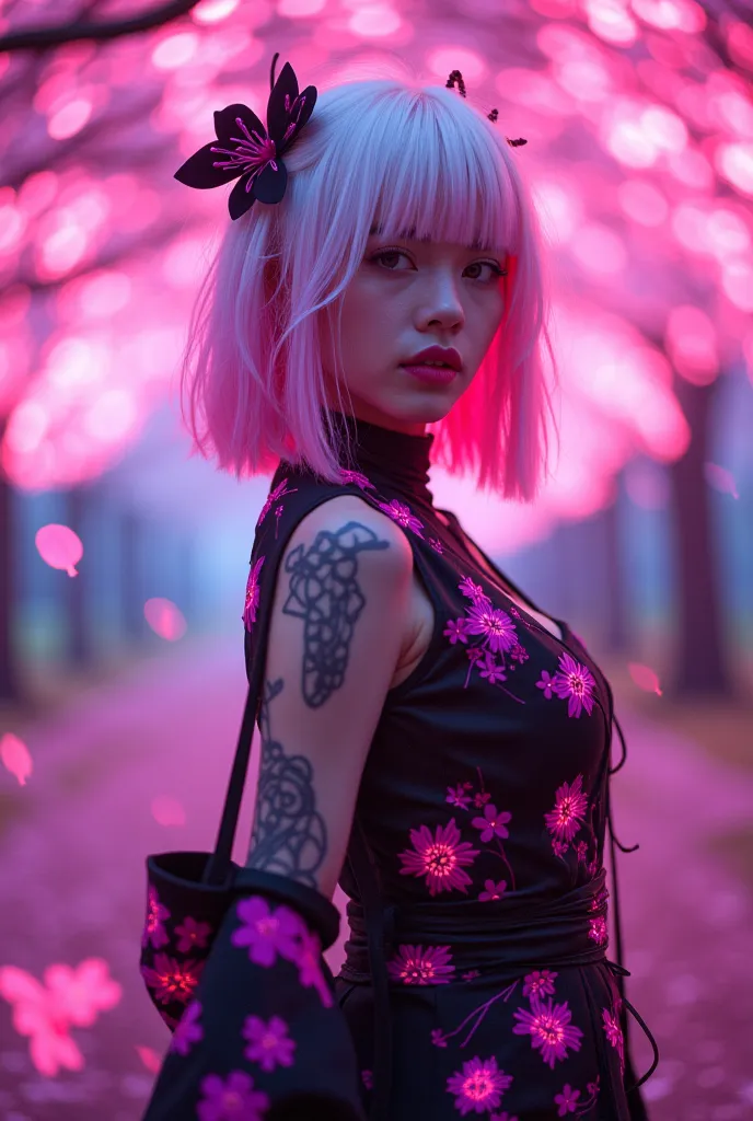 dazzling cherry blossom petals in halation pink light、dancing、Please take a full-body picture of a beautiful Japanese girl who looks like a combination of a ninja costume and gothic。the base of the costume is embroidered with fluorescent pink cherry blosso...