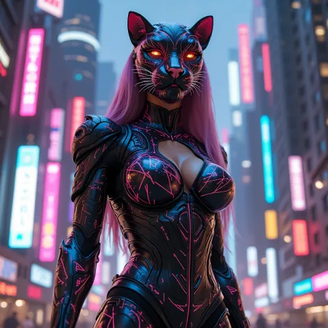 Woman in a futuristic suit and wearing a panther mask standing in the city、Cyberpunk Art Inspired by Marek Okon、 Trending 、Digital Art、Hero Pose with Colorful City Lights、3D Rendered Character Art 8k、Girl Wearing Mecha Cyber Armor、Very beautiful girl in cy...
