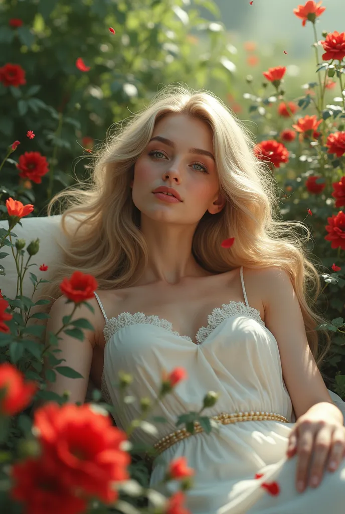 Woman with blue eyes long blond hair white dress lying in a garden with red flowers 