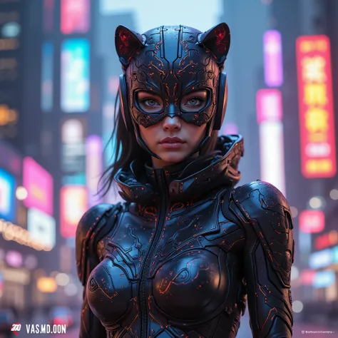 Woman in a futuristic suit and wearing a panther mask standing in the city、Cyberpunk Art Inspired by Marek Okon、 Trending 、Digital Art、Hero Pose with Colorful City Lights、3D Rendered Character Art 8k、Girl Wearing Mecha Cyber Armor、Very beautiful girl in cy...