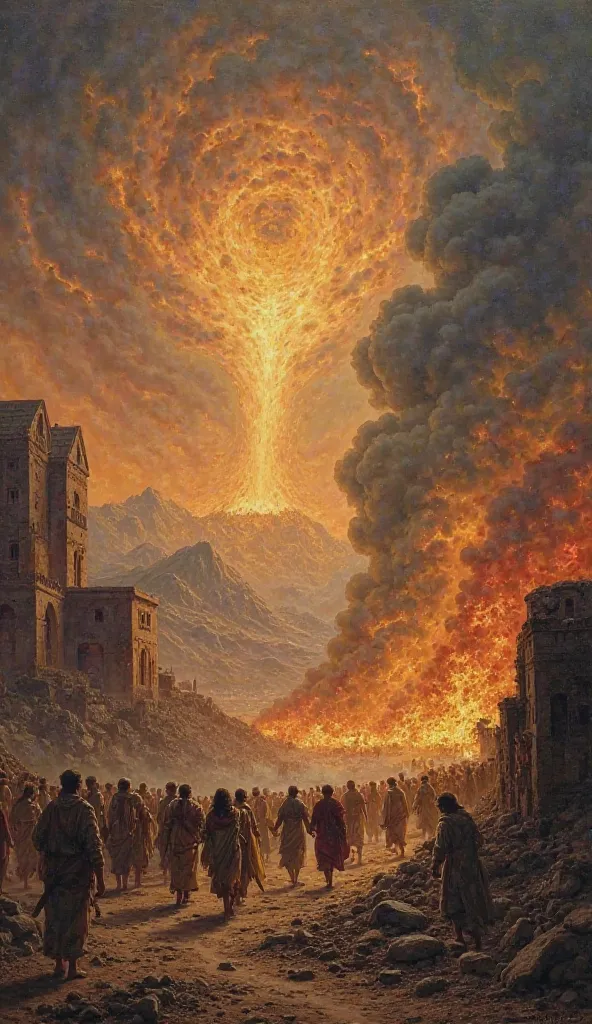 The towns of Sodom and Gomorrah being destroyed and people don't know how to hear where to escape according to the Bible 