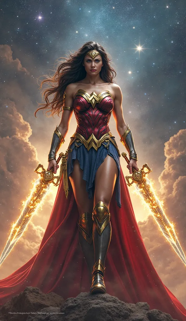 Here’s a **Hybrid Fusion text-to-image prompt**, merging Wonder Woman’s divine warrior essence with the celestial duality of the Gemini warriors:  

---

**"A celestial fusion of myth and cosmos takes form as Wonder Gemini, the ultimate warrior born from t...