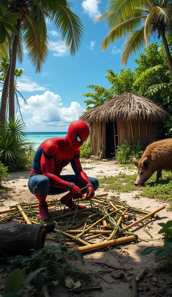 "A highly detailed image of Spider-Man on a remote island, carefully building a bamboo trap for a pig. He is crouched down, using his hands to tie vines around sturdy bamboo sticks, constructing a secure enclosure. His iconic red and blue suit is slightly ...