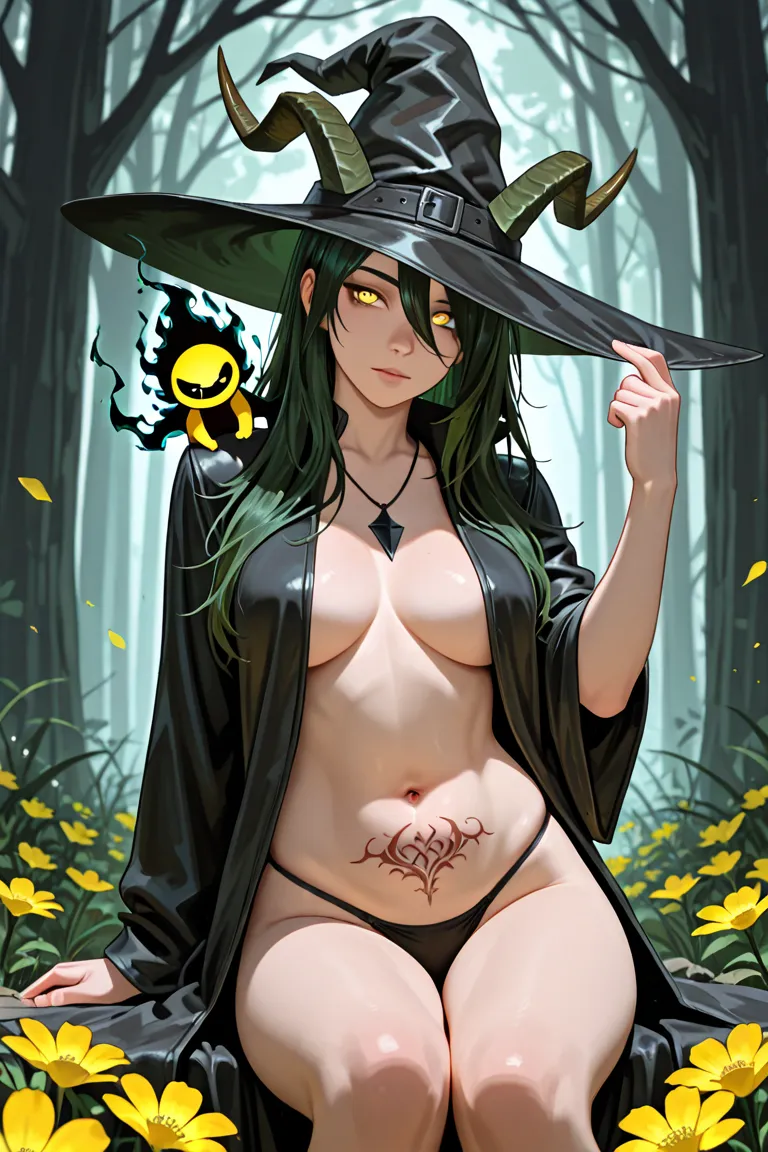  Woman, Thiefling, long dark green hair, yellow eyes, belly button showing, two horns skin tone with a black tip, wearing a black coat, a blood necklace, a large wizard's hat, A yellow flower on the hat, the fingers on the hand are black, A tattoo of Sakur...