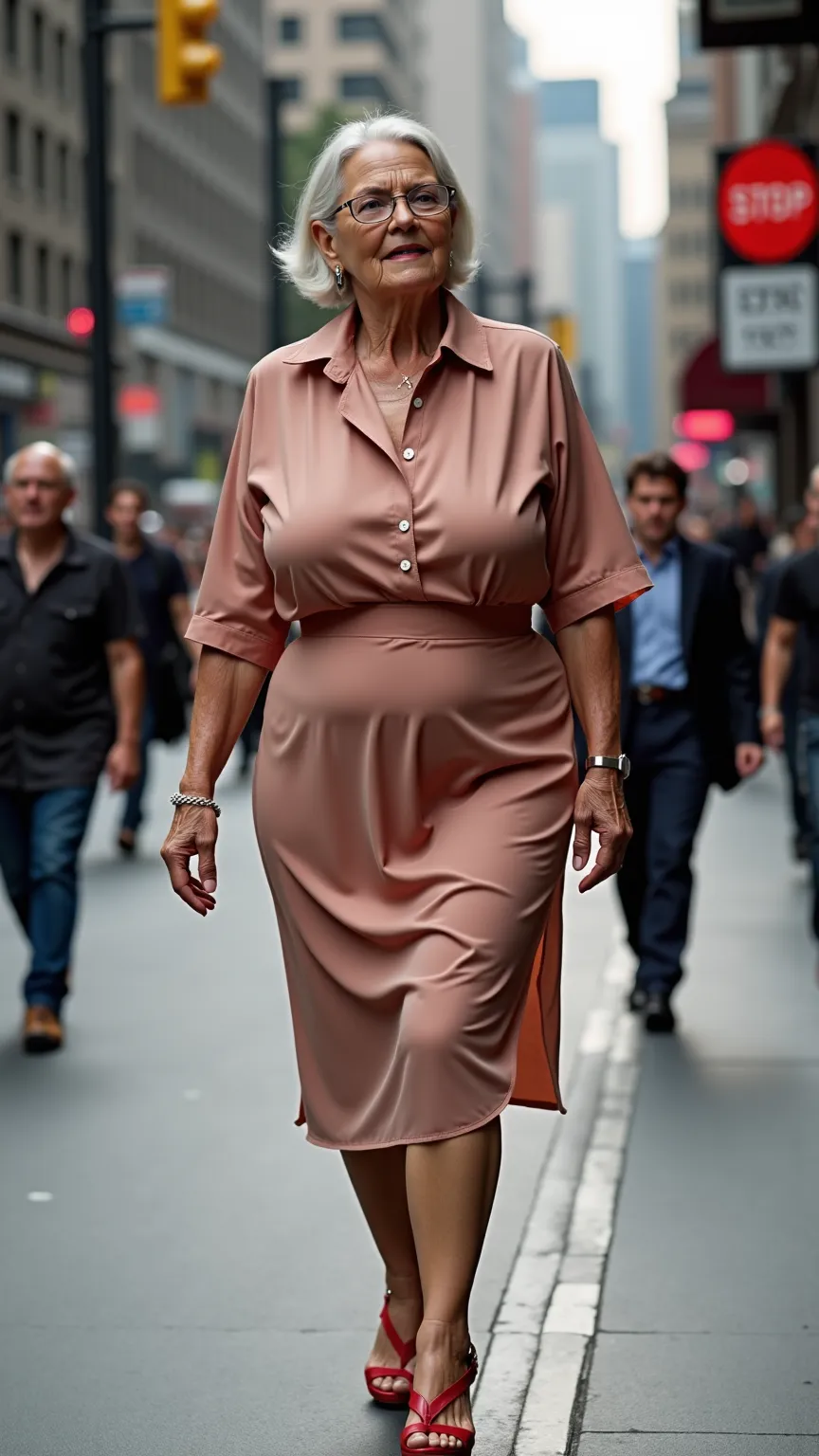 A real photograph of a stunningly beautiful and thin bodied, extremely well-endowed mature old grandmother with gargantuan full and insanely engorged jiggling breasts and a wrinkled sexy serious face with glasses. She is wearing a thin seethru skirt shirtw...