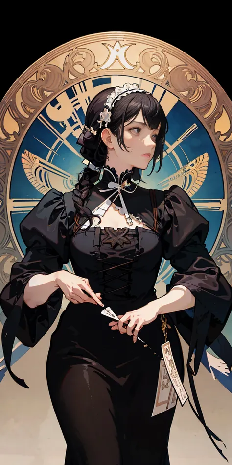 masterpiece, top quality, adults, Tarot, Bird, Fools in the Courtroom , Symbolism, 視覚art, occult, Universal, Vision Casting, philosophy, Iconography,   fortune telling by numbers,  Popularity, art, Alphonse Mucha,Gothic Lolita,maid clothes