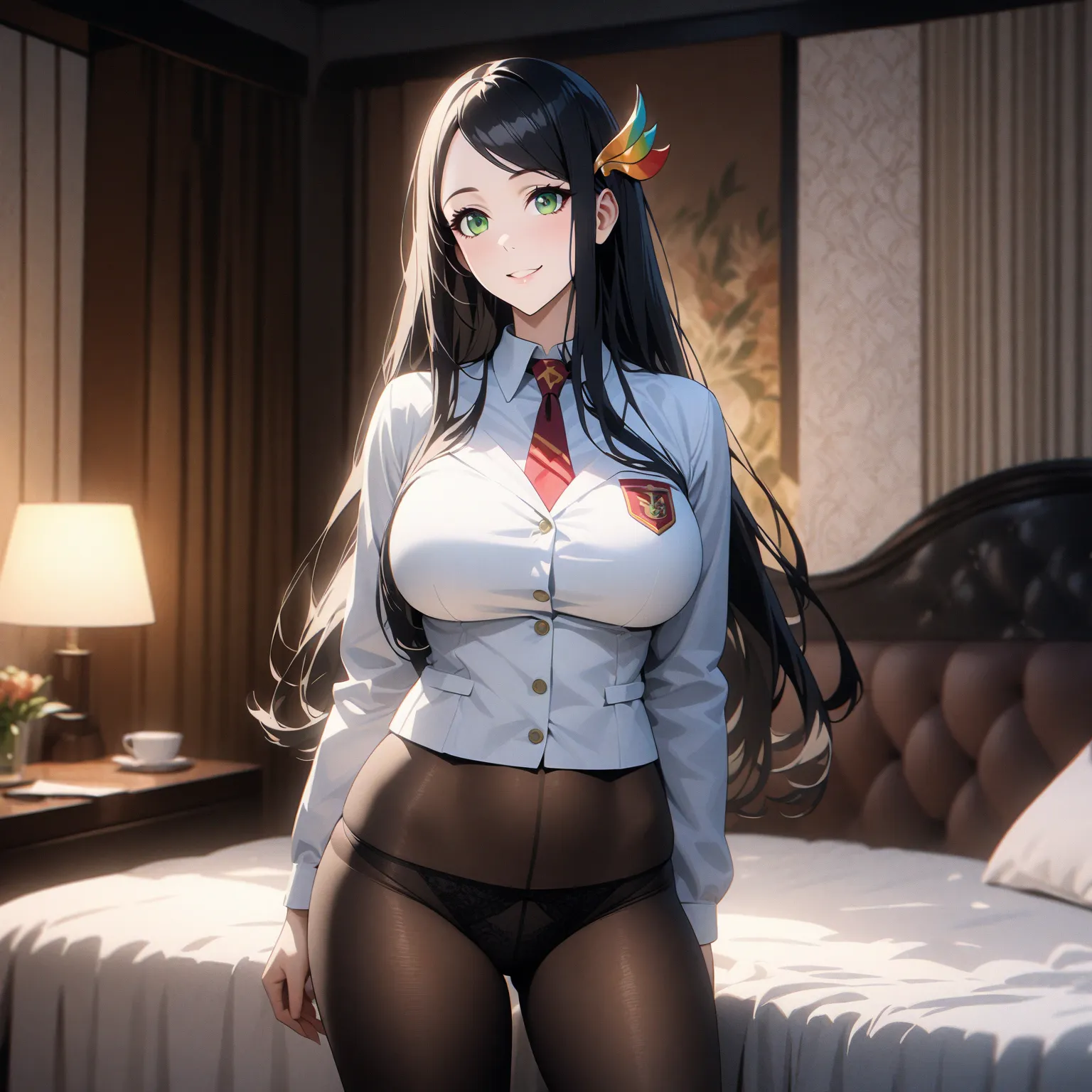 HeejinCoat,A girl with long hair, swept bangs, parted bangs, black hair, green eyes, hair ornament, large breasts,She’s alone in a hotel bedroom at night in a cowboy shot ,with a cheerful smile,She’s clearly school uniform with panties under pantyhose. The...