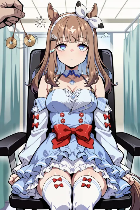 (masterpiece, ultra high definition, 16k, RAW photo, intricate), (sharp focus, crisp details), rich colors, vibrant details, noise reduction, 1girl , ((almond eye \( Uma Musume\)), (One Pendulum , Swinging pendulum, Pendulum before her eyes:1.9), Another...