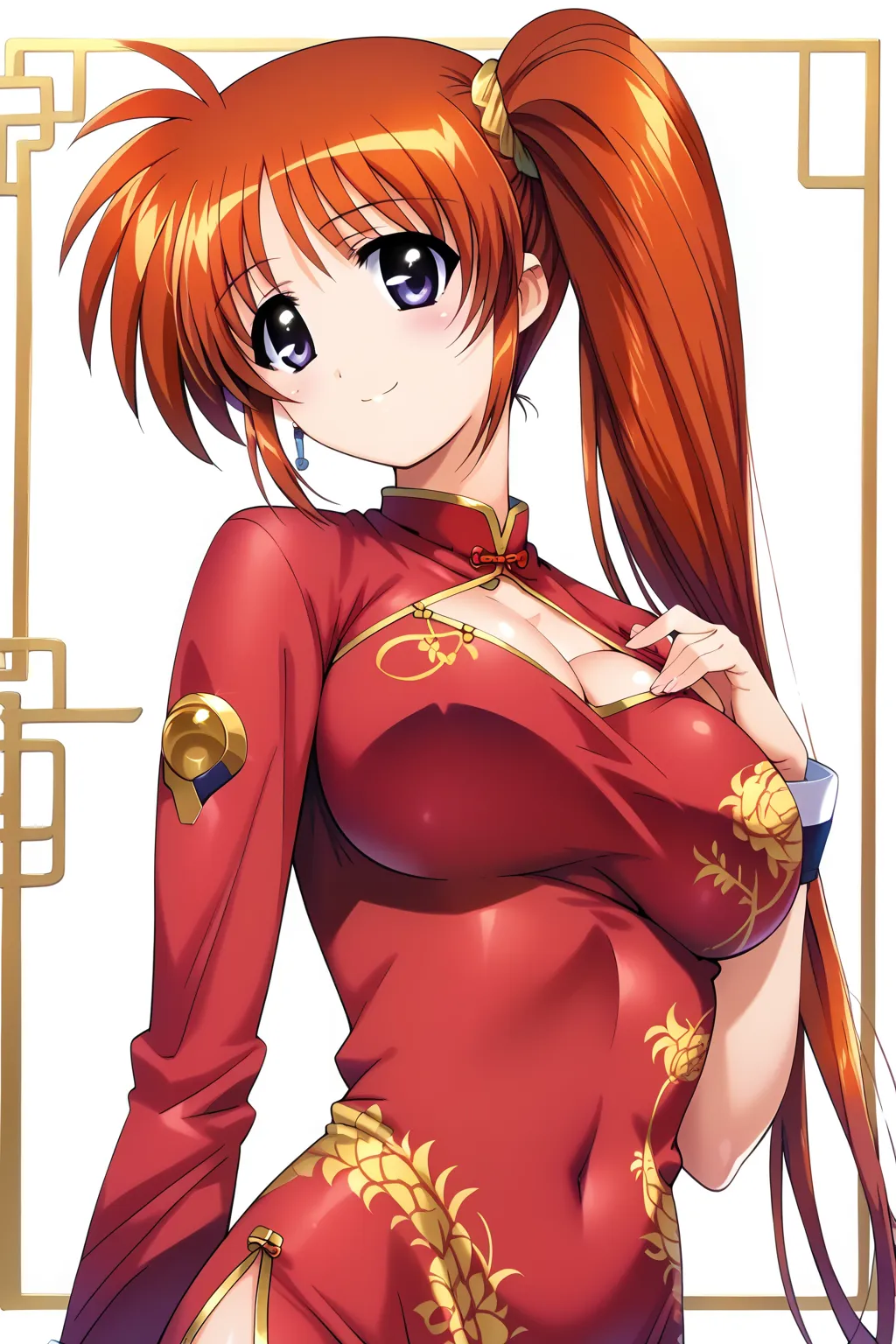 score_9, score_8_ up, score_7_ up, masterpiece,  top quality,  very beautiful,  absurd,  one girl , alone,  shiny skin、 Takamachi Nanoha ,  long hair,  side ponytail, red hair, small head,  purple eyes,  Big Breasts, china dress,gold decoration dress,、smil...