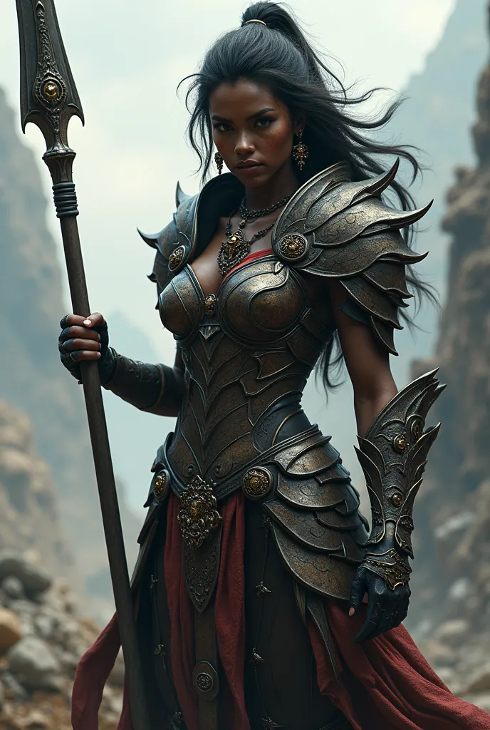 Dark skin woman with dragon armor no helmet  and a spear